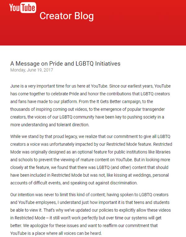 屏蔽LGBTQ內(nèi)容遭批后！YouTube更新其受限模式政策