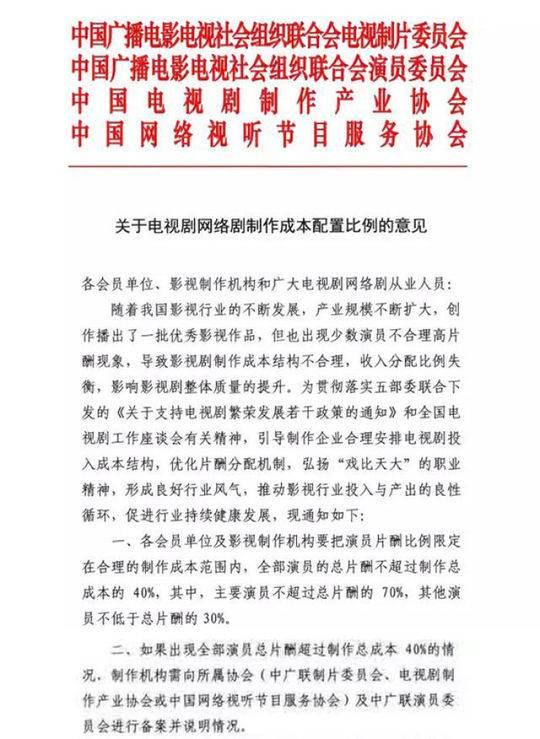 電視劇業(yè)限酬令來了!演員總片酬不超過制作總成本40%