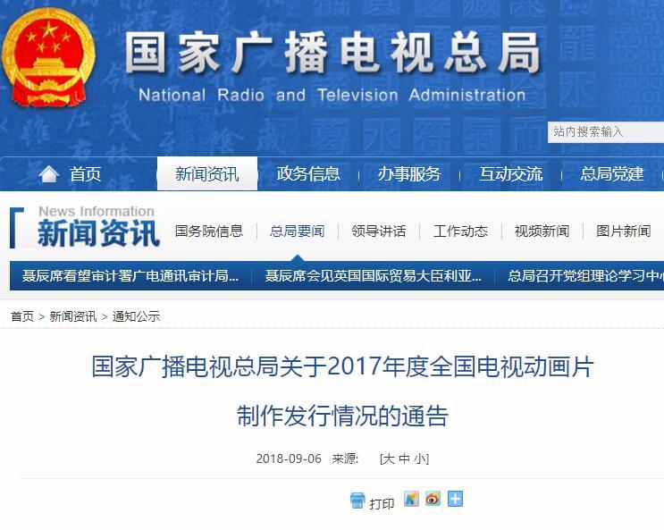 廣電總局關(guān)于2017年度全國電視動畫片制作發(fā)行情況的通告